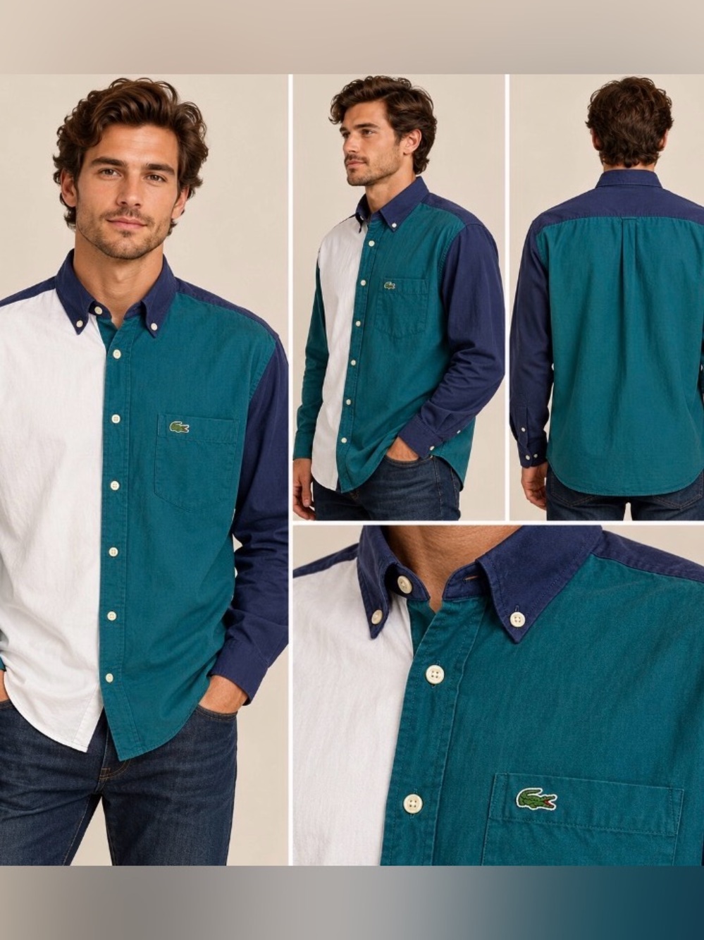 Lacoste Men’s M/L Colorblock Relaxed Fit Button Down Shirt Teal Navy White